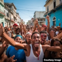 Obra creada por Camila Lobón para reflejar una realidad imaginada en la cual manifestantes del 11J derriban símbolos de la dictadura, como un monumento a Fidel Castro.
