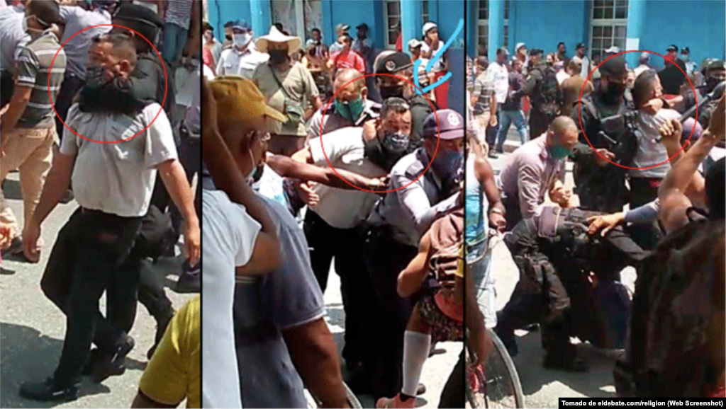 Combinación de imágenes de la detención del pastor Lorenzo Rosales Fajardo en Palma Soriano, Santiago de Cuba, el 11 de julio de 2021.