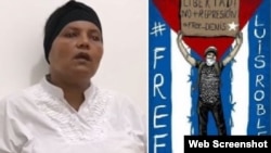 Yindra Elizástigui junto a un cartel por la libertad de su hijo, Luis Robles Elizástigui. (Fotos: Facebook)