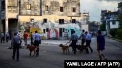 Policías con perros recorren las calles de La Habana el 11 de julio, día en que estallaron las protestas antigubernamentales en varias localidades de Cuba.