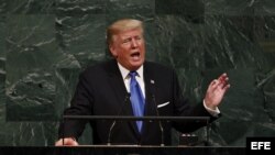 El presidente de Estados Unidos, Donald Trump, interviene durante la apertura del debate de alto nivel de la Asamblea General de la ONU, en su sede en Nueva York (Estados Unidos) hoy, 19 de septiembre de 2017.