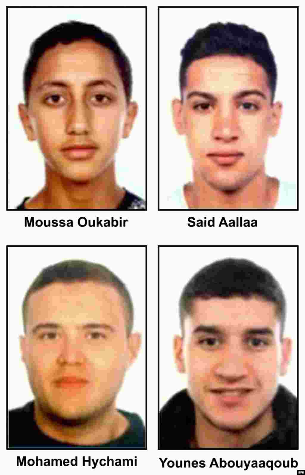 De arriba a abajo y de izquierda a derecha: Moussa Oukabir,Said Aallaa,Mohamed Hychami y Younes Abauyaaqoub. Las fuerzas de seguridad buscan, además de a Moussa Oukabir, un joven de 17 años considerado como presunto autor del atentado en La Rambla de Bar