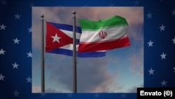 Las banderas de Cuba e Irán con la insignia estadounidense de fondo. (Ilustración/Envato)