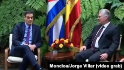 Pedro Sánchez junto a Miguel Díaz Canel durante su visita oficial a La Habana en el 2018. (Captura de video/Moncloa/Jorge Villar)