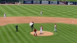 Exiliada cubana se lanza al terreno con pancarta pidiendo Libertad Exiliada cubana se lanza al terreno con pancarta pidiendo Libertad