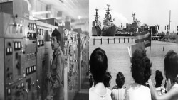 Derecha, un soldado soviético, con uniforme de las FAR fotografiado en la Base Lourdes. Izquierda, cubanos despiden buques militares rusos en la base de Cienfuegos.