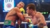 El mexicano Saúl "Canelo" Álvarez, asesta un puñetazo al británico Billy Joe Saunders, el sábado 8 de mayo de 2021, en una pelea por el cetro de los supermedianos, en Arlington, Texas (AP Foto/Jeffrey McWhorter)